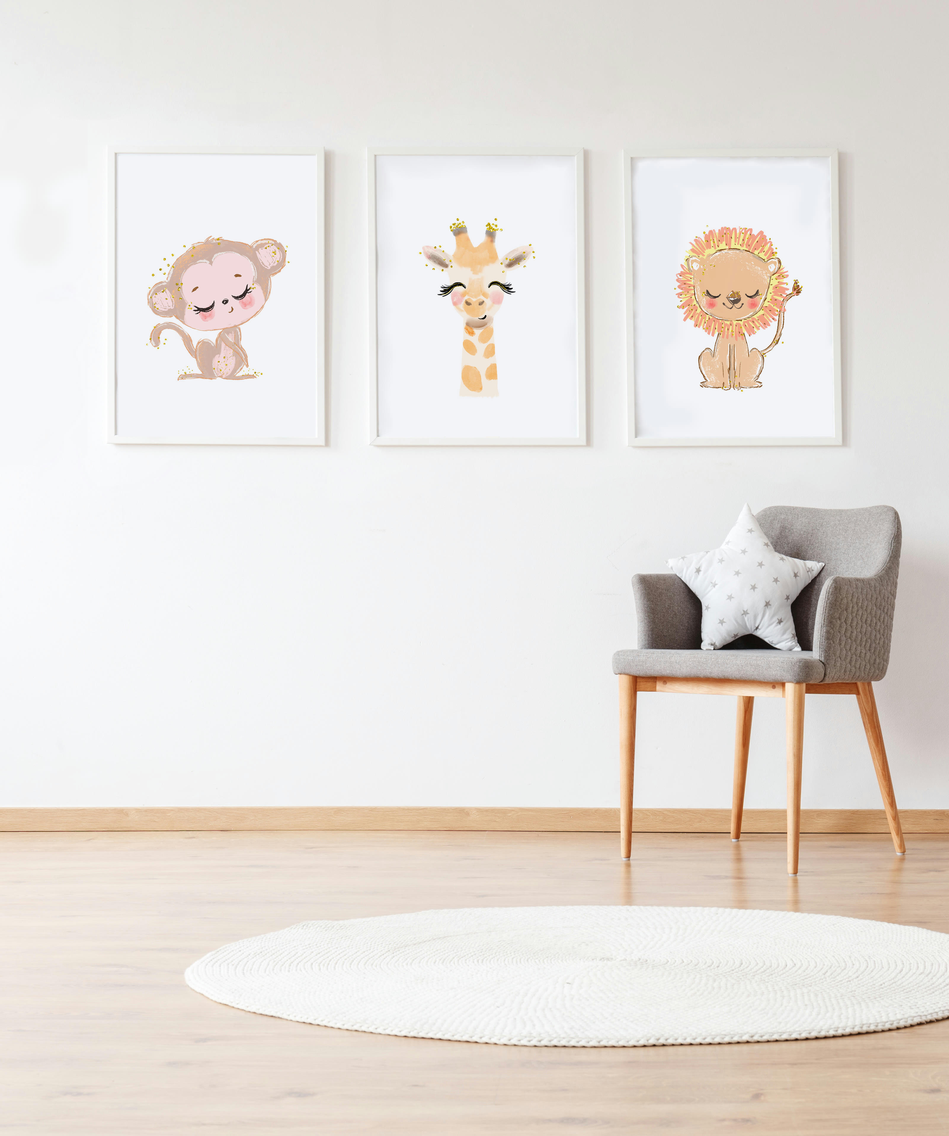 DECOWALL - Pack encadré bois blanc impression le girafe et lion 43X33 cm