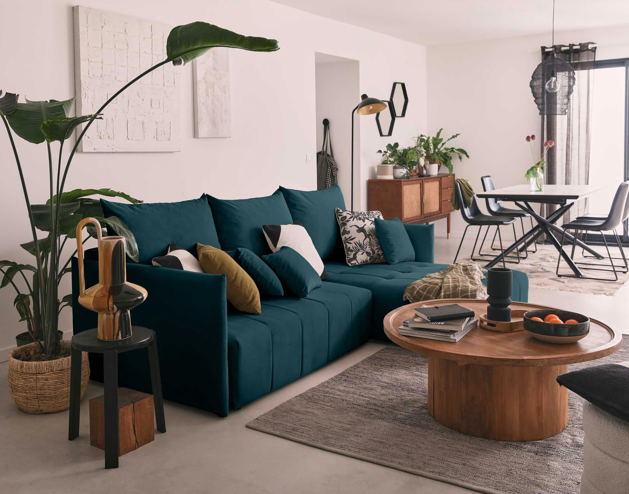 PETRA - Canapé d'angle réversible convertible 4 places en velours bleu canard