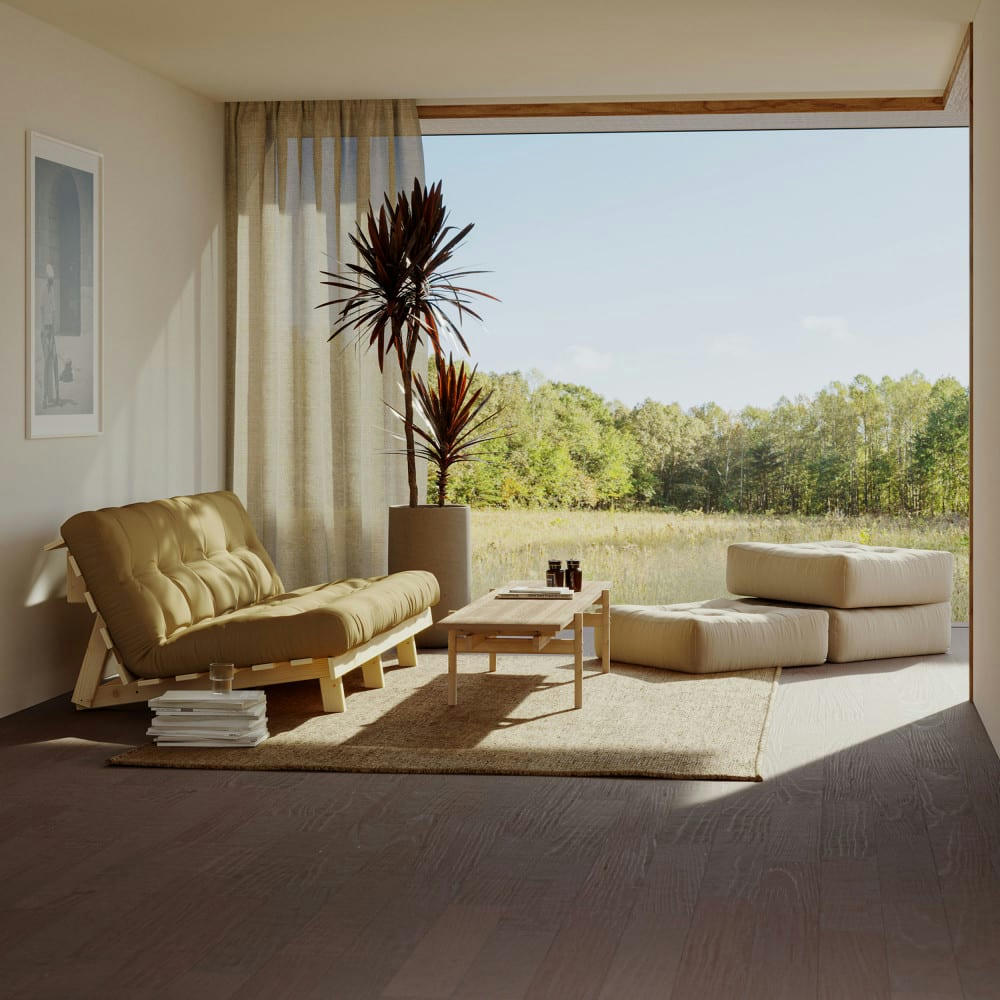 LEAN - Canapé convertible en bois naturel et tissu blé 3 places