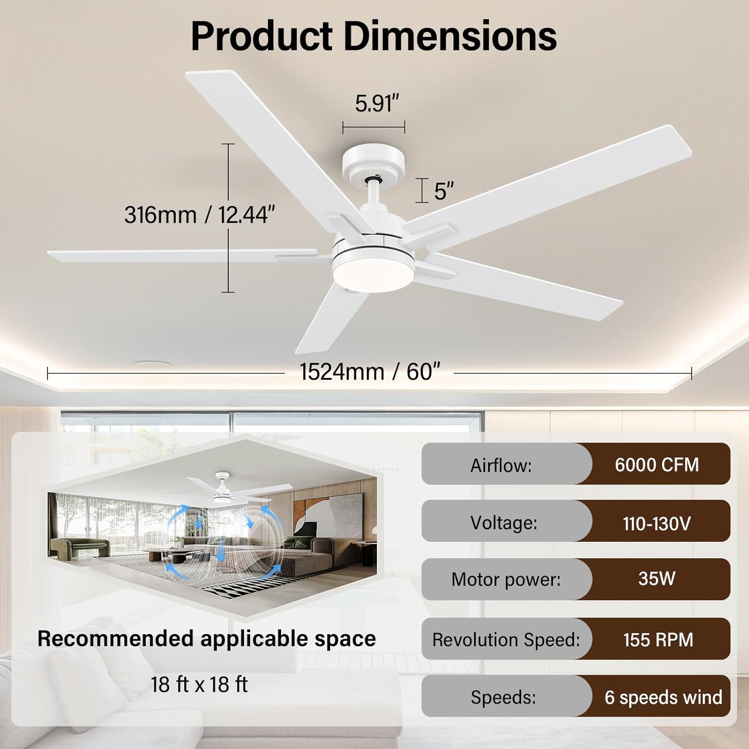 60 Inch White Ceiling Fans with Lights and Remote, Reversible, 3CCT, Dimmable, Noiseless, Large Ceiling Fan for Bedroom, Living Room and Patio, Indoor/Outdoor Use