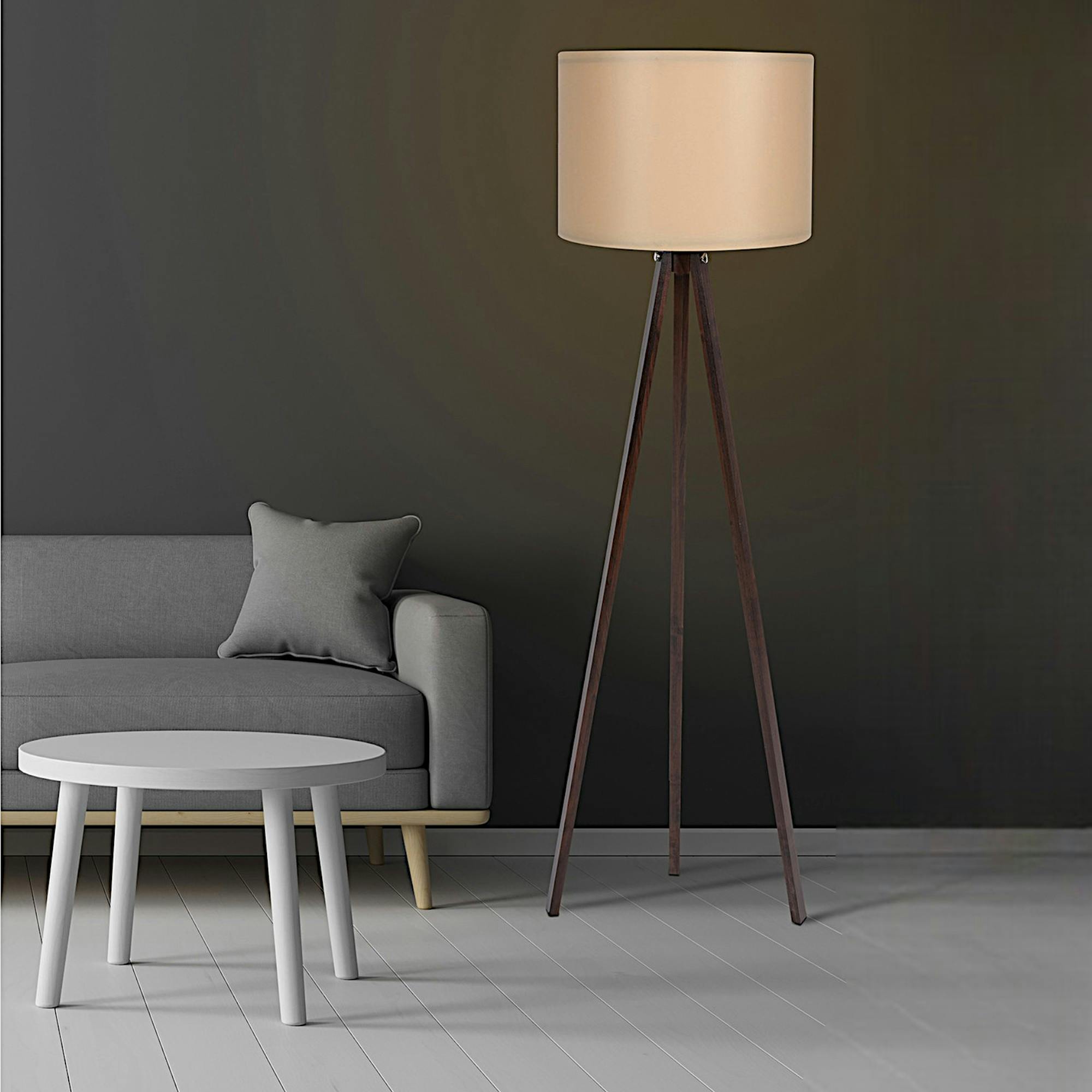 Lampadaire trépied effet noyer et abat-jour beige KILIS