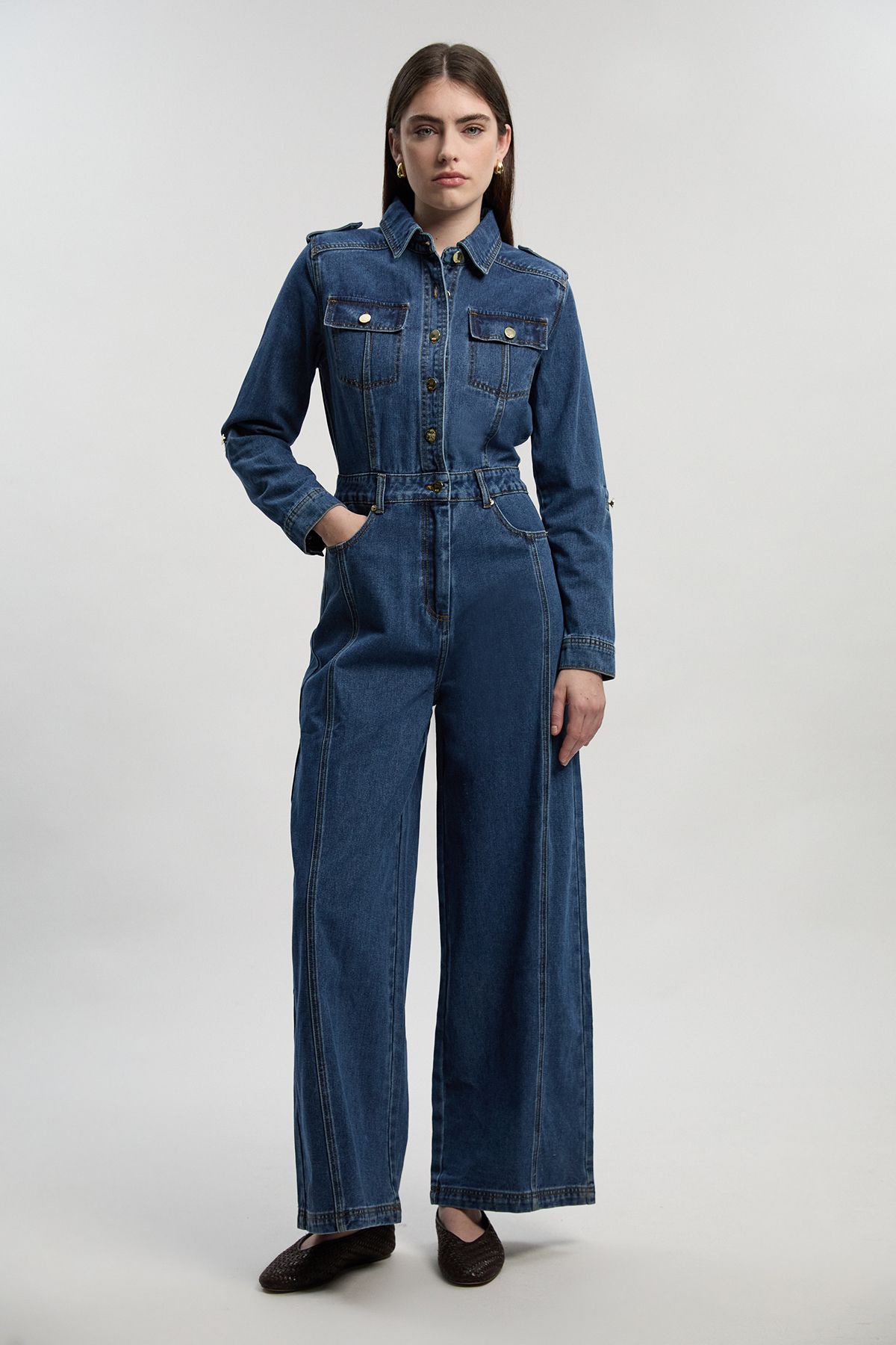 KarenMillen Petite Denim Boiler Wide Leg Jumpsuit