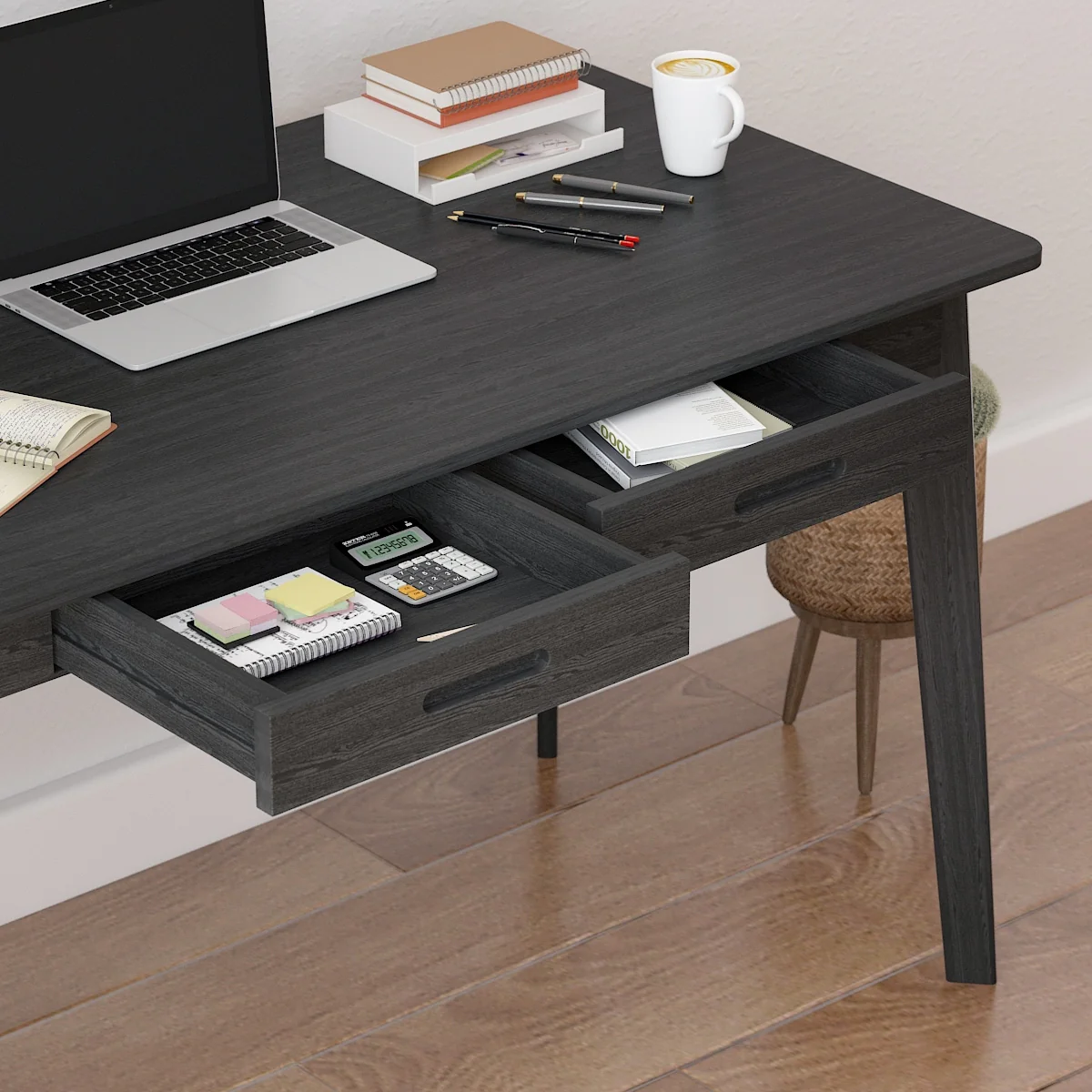 Timechee Black Wooden Computer Desk, 47 Writing Desk with 2 Drawers