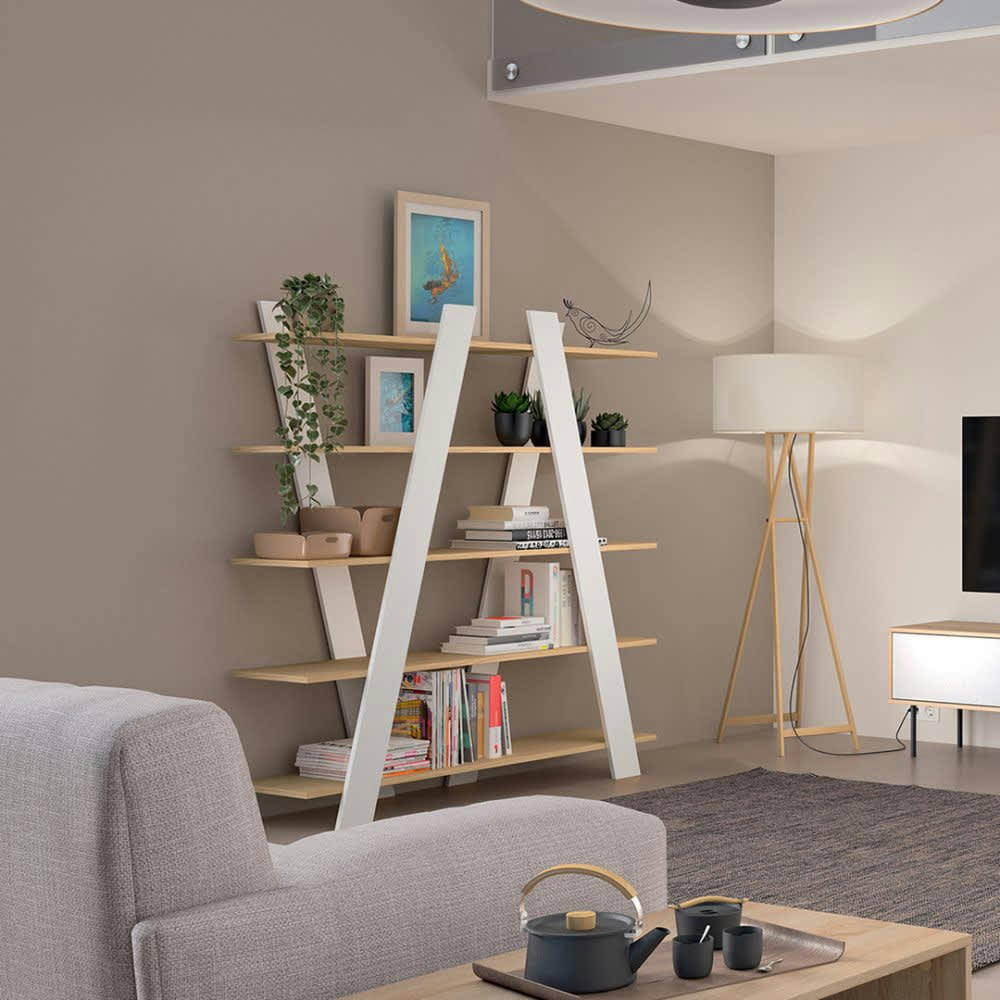 WIND - Bibliothèque  placage chêne naturel et blanc laqué