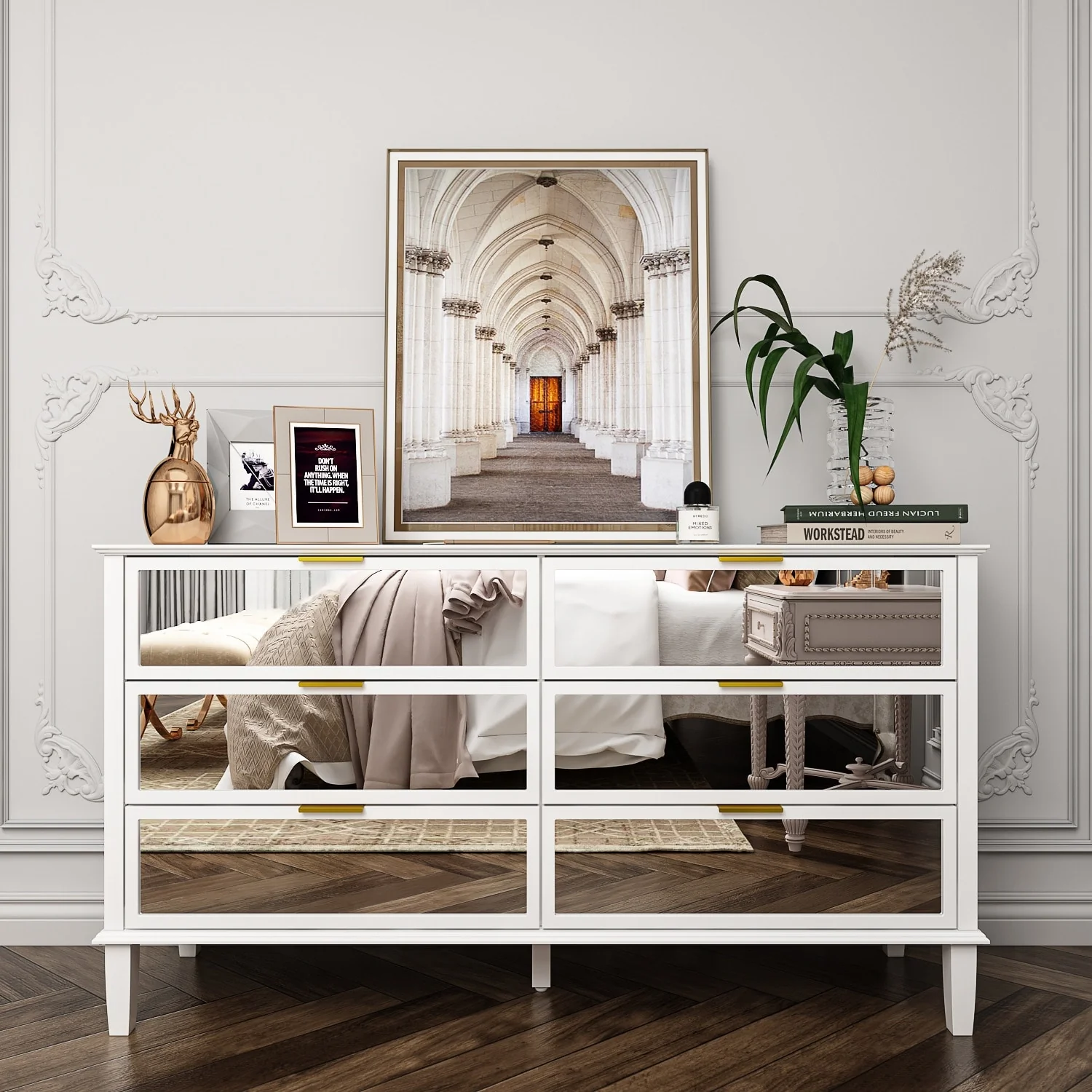 Sideboard Buffet Mirrored Dresser with 6 Storage Drawer Modern Chest - 55.1Wx30.7H