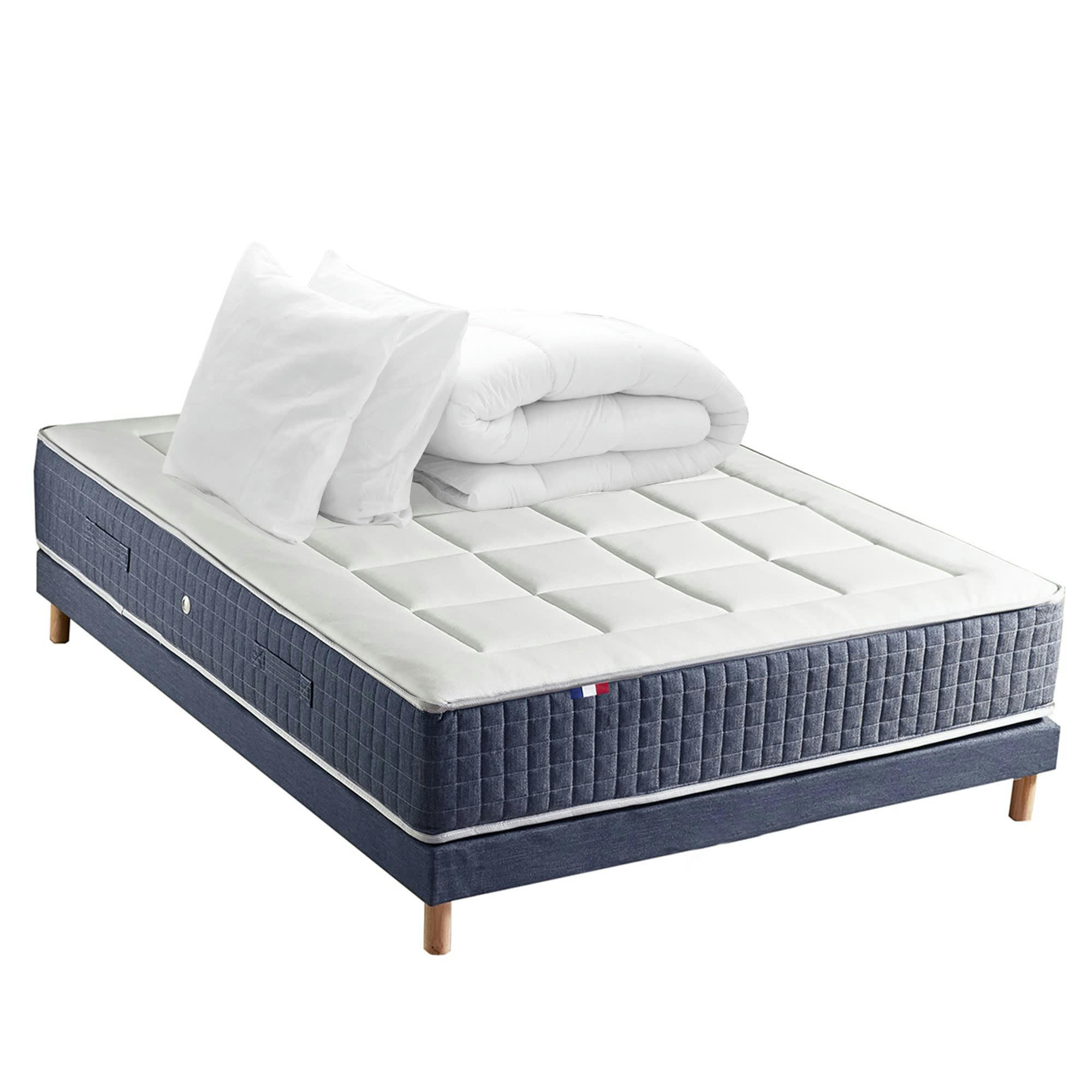 - Pack matelas 7 zones sommier bleu couette oreillers 140x190