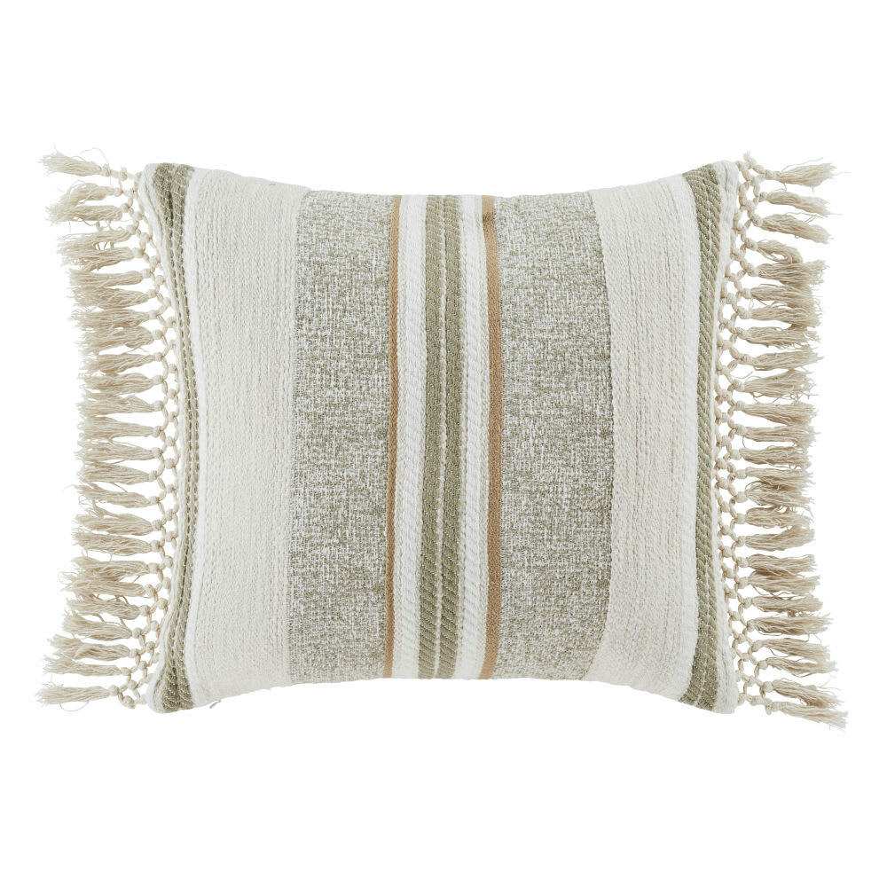 BARICCI - Coussin en coton recyclé écru et vert kaki avec finition macramé 45x45