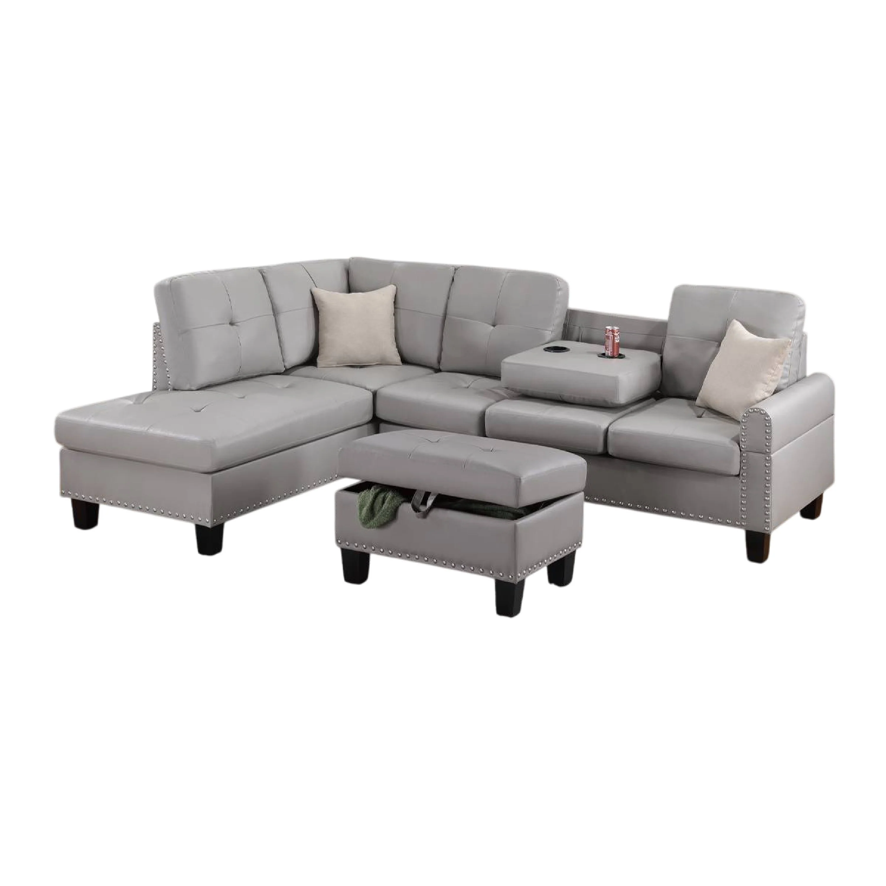 Seo 3pc Sectional Sofa Set with Ottoman, 2 Pillows, Gray Faux Leather