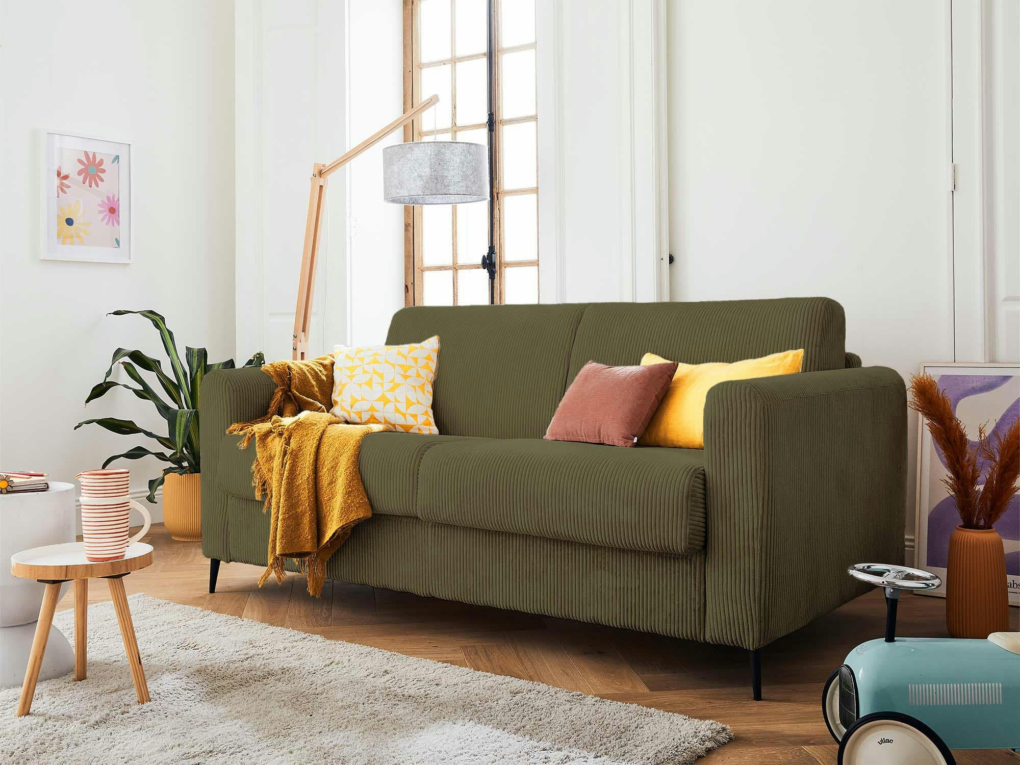 OWEN - Canapé droit convertible 3 places en velours côtelé vert