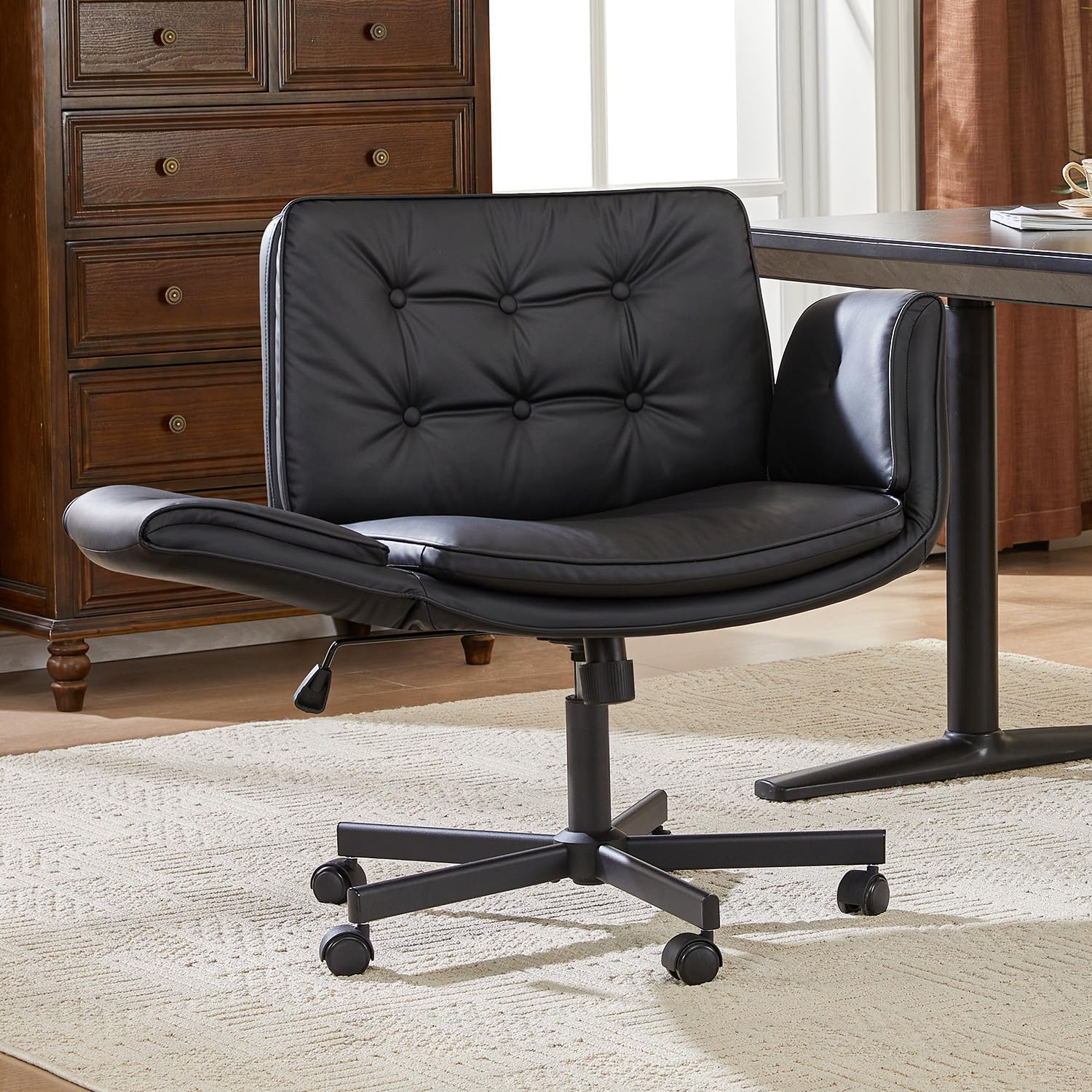 amseatec Criss Cross Chair with Armrests & Wheels, PU Leather Vanity Chair, Comfortable Adjustable Swivel Computer Office Desk Chairs for Home, Make Up, Bed Room (Black)