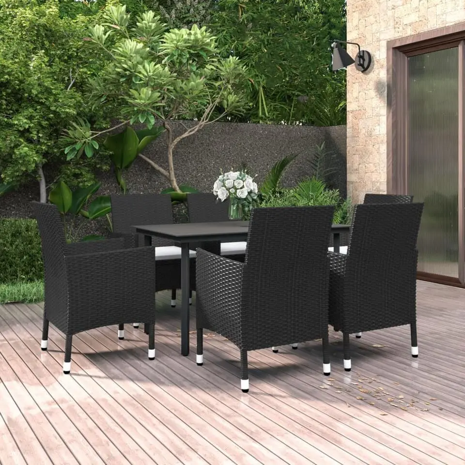vidaXL - 6-zits Tuinset met wit kussens - Zwart - PE rattan en glas - 140x70 cm