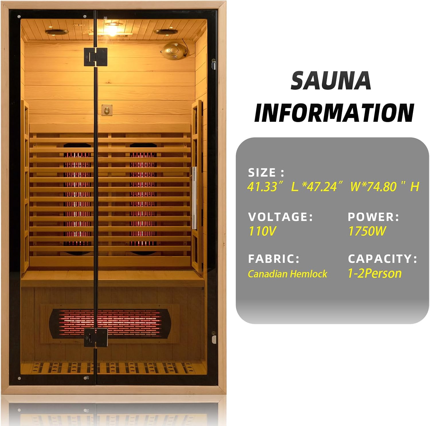 2 Person Red Light Far Infrared Sauna for Home 1750W/110V Canadian Hemlock Dry Indoor Saunas with LCD Panel Control Bluetooth Speaker Panoramic Tempered Glass