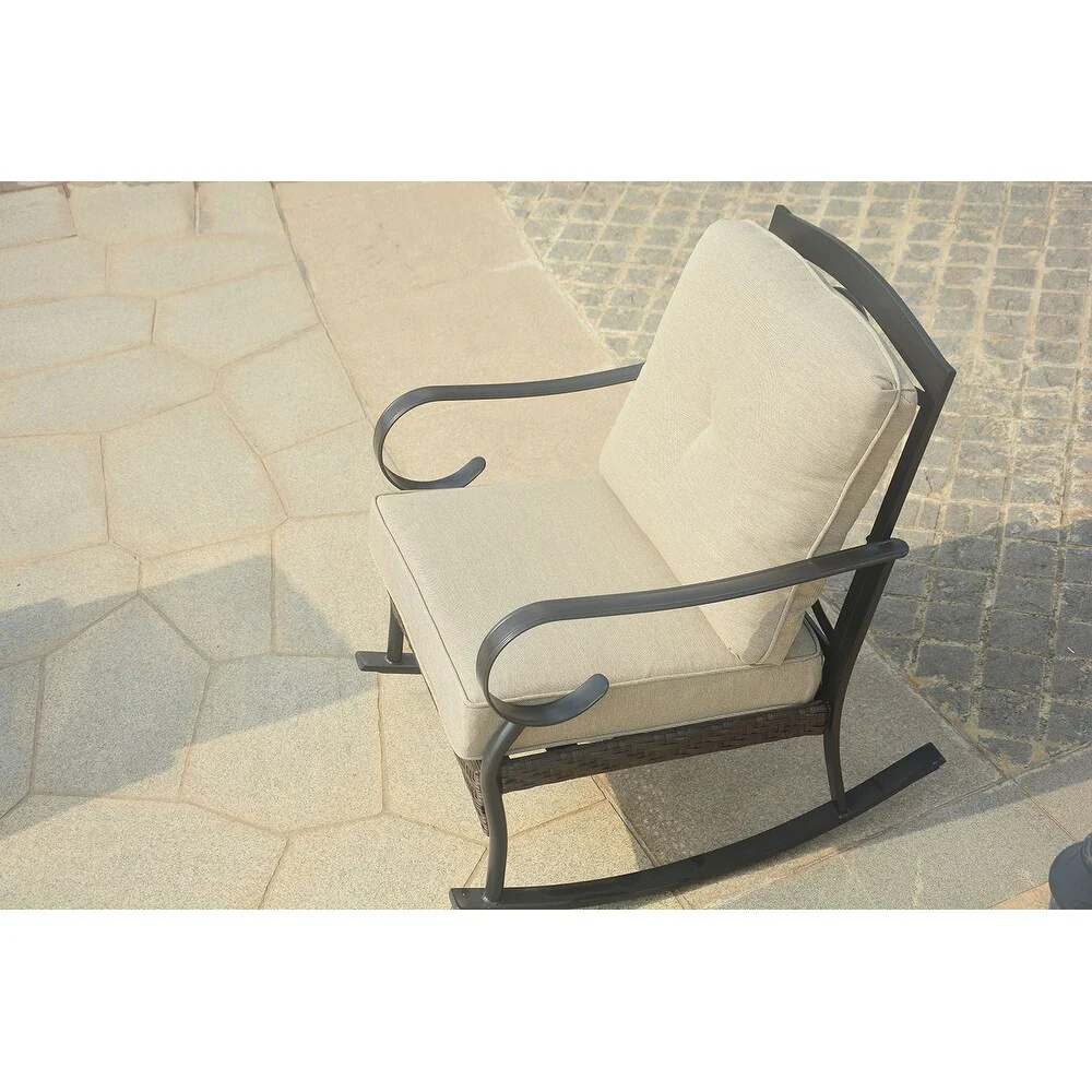 25 X 33 X 34 Black Steel Patio Rocking Chair with Beige Cushions