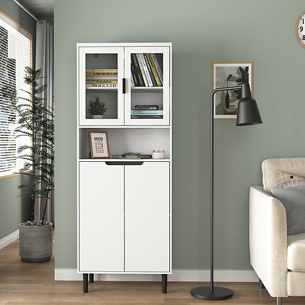 Bibliothèque Haute - Meuble de Rangement avec 4 Portes en Verre Trempé et étagères Réglables, Spanplatte, 60 x 35 x 160 cm, Blanc
