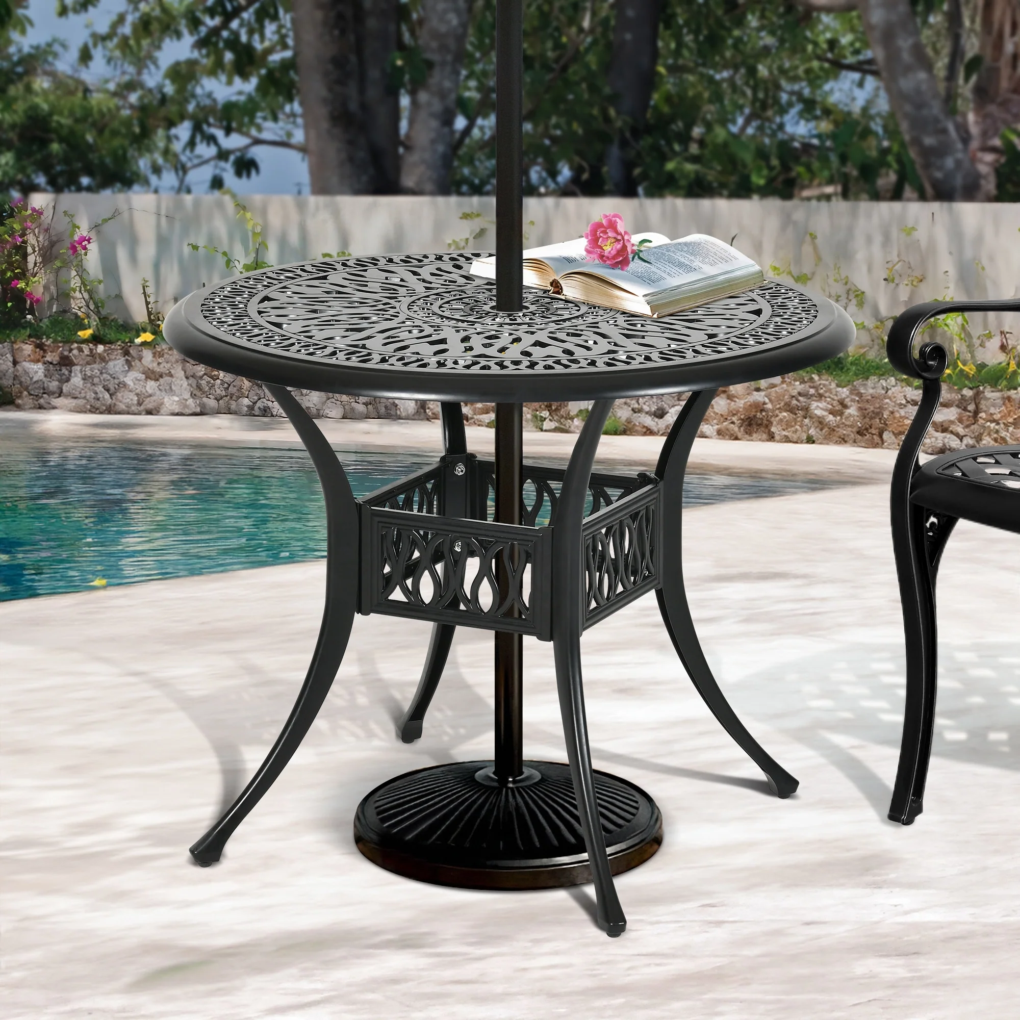 Moasis 35.4 Round Antique Cast Aluminum Outdoor Patio Dining Table with Umbrella Hole