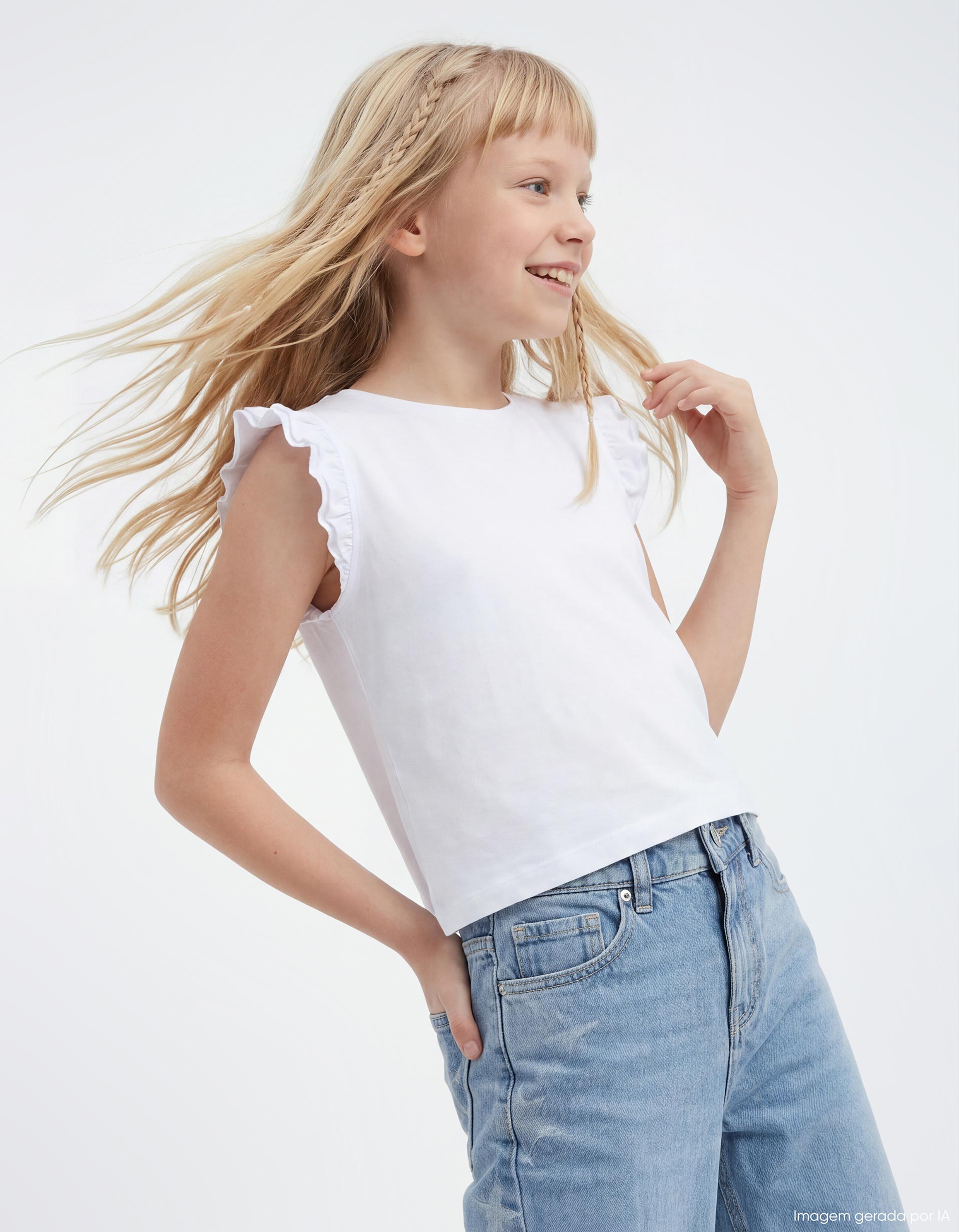 T-shirt Folhos, Menina, Branco