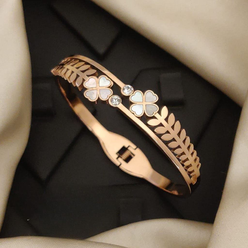 The Colourful Aura Rose Gold Clover Leaf Brass Kada with CZ Stones
