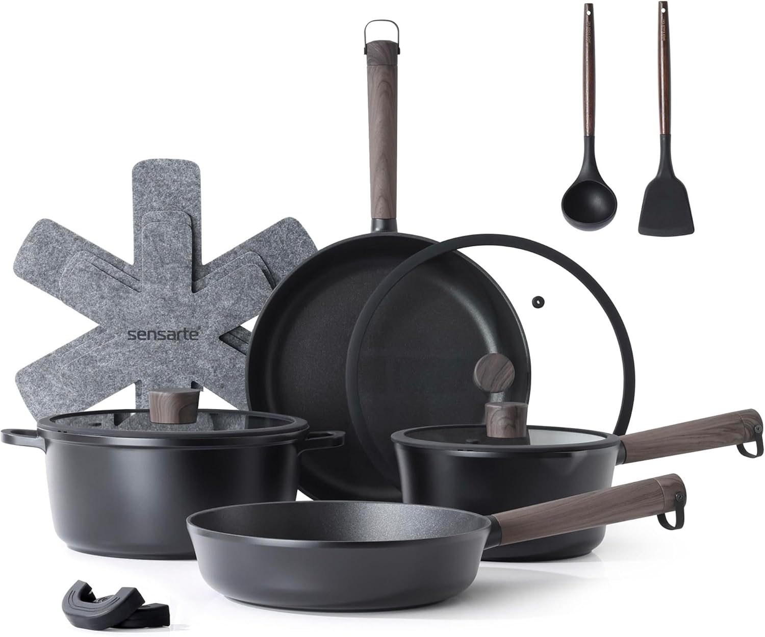 SENSARTE 14Pcs Pots and Pans Set Nonstick Cookware Set Kitchen Cooking Frying Pans with Stay-cool Handle, Dishwasher Safe, Induction Compatible, PFOA/PFOS Free, Black