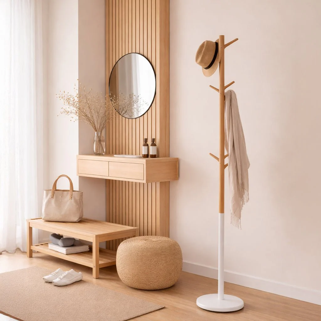 Cabide Pé Branco com Madeira Natural 28x174 OLIMPO