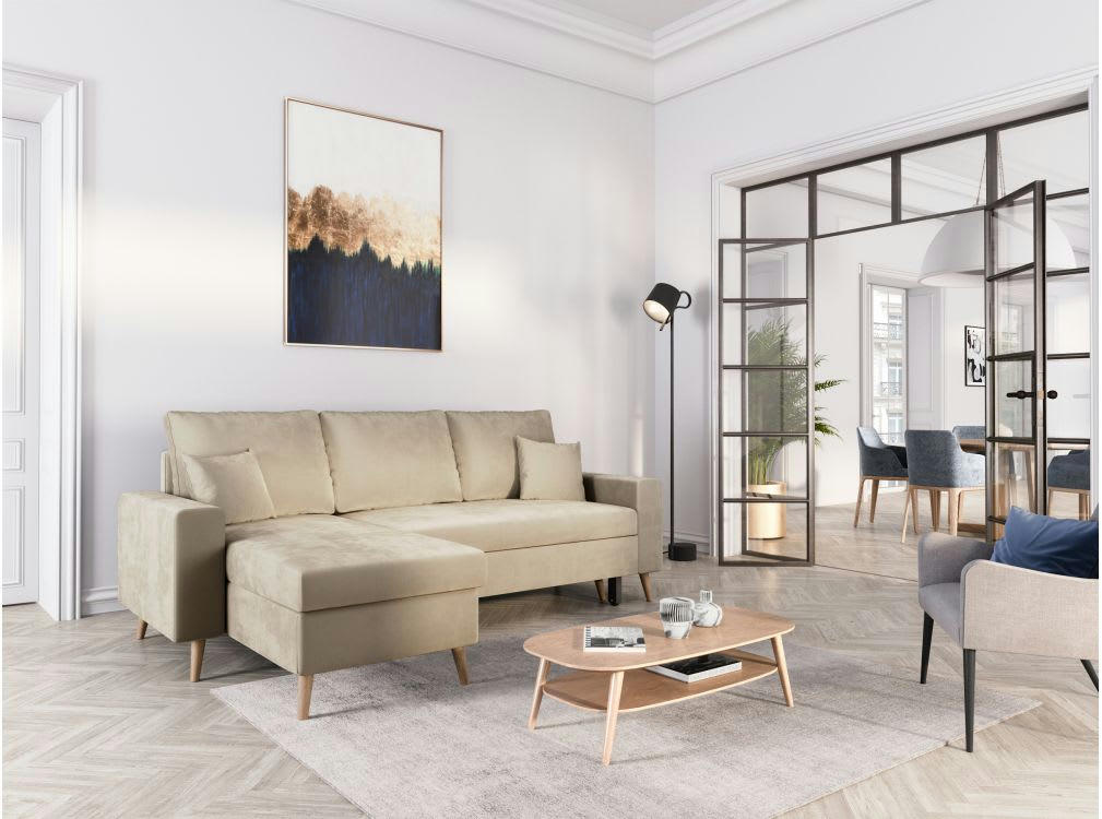 MARIA SCANDINAVE - Canapé d'angle convertible 3 places scandinave en velours - Grège