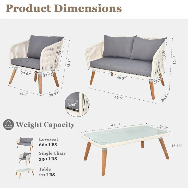 4 Piece Patio Furniture Set White Rope & Grey Cushion Iron Acacia Wood
