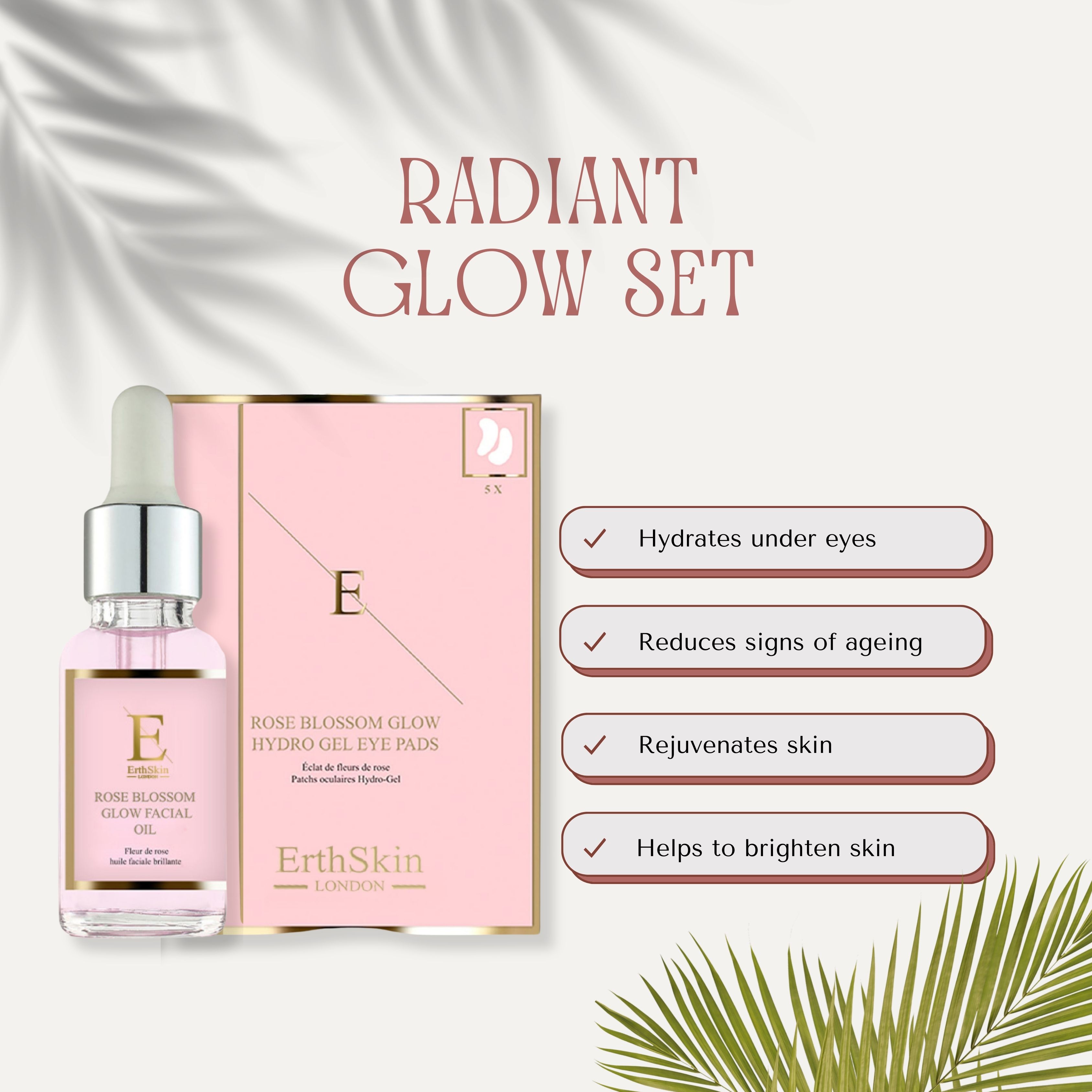 Erth Skin London Rose Glow Revival Set: Facial Oil 30ml   Rose Hydro-Gel Eye Pads