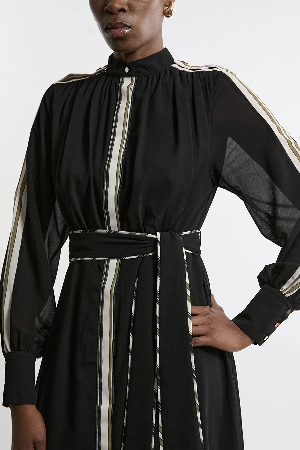 KarenMillen Military Mono Stripe Balloon Sleeve Maxi Dress