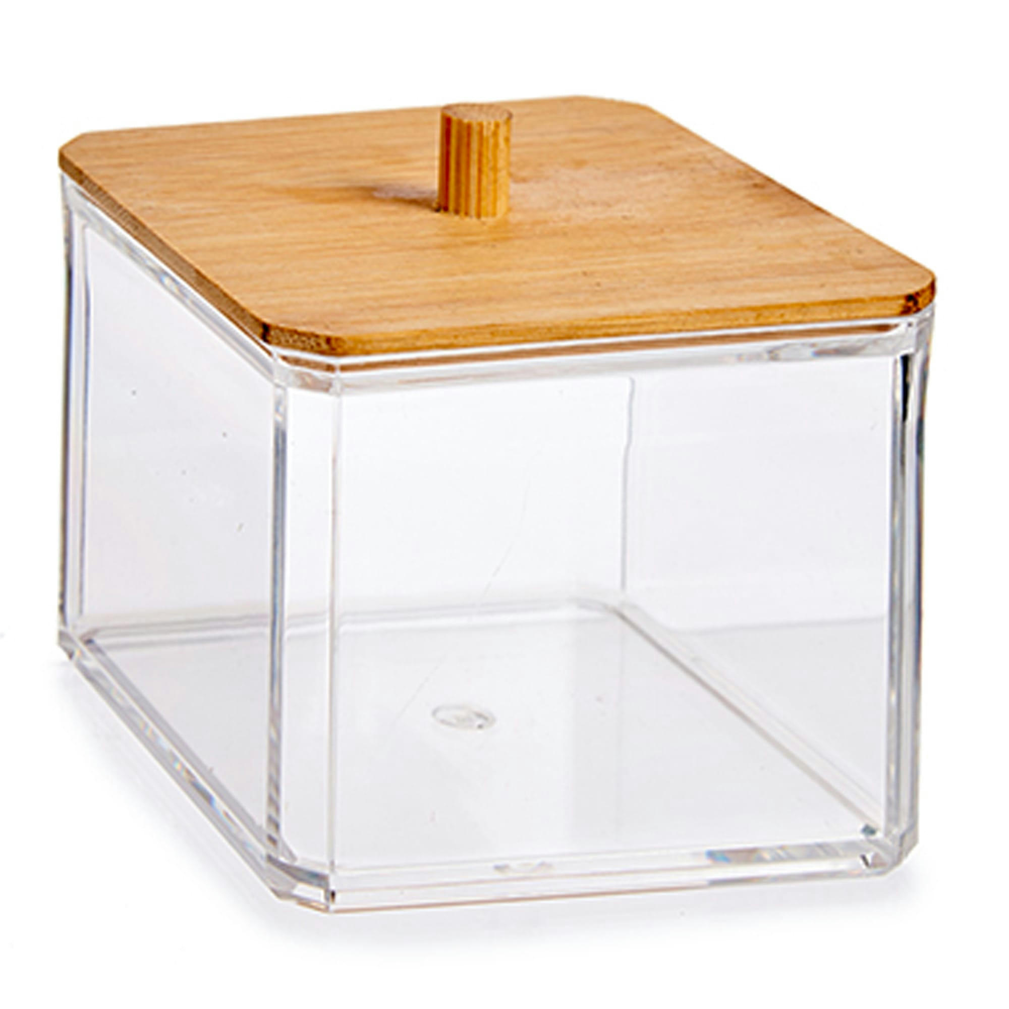 - Boîte à coton-tiges transparent et bambou 9.1x9.1x8cm
