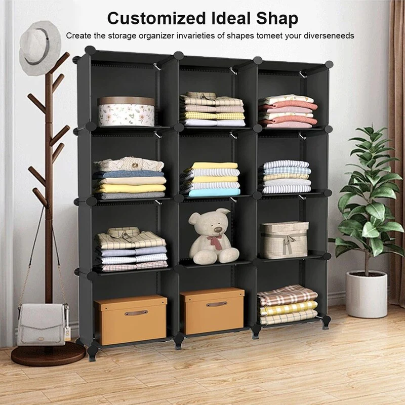12 Cube Stackable Shoe Rack Organizer DIY Plastic Shoe Storage Cabinet for Closet & Entryway Black - N/A
