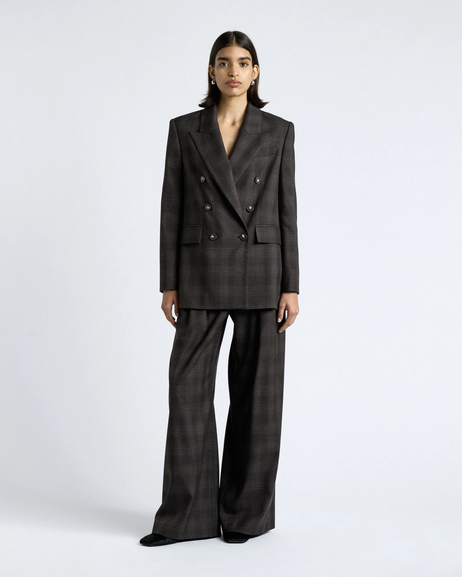Brushed Prince of Wales Tweed Double Breasted Blazer