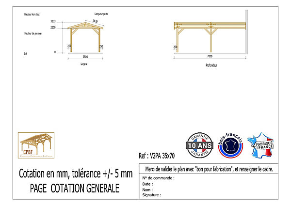 Carport adossé deux pentes 350cmx1250cm bois DOUGLAS Français (Charpente en bois-auvent-abri voiture) 44m². Garantie 10 ans