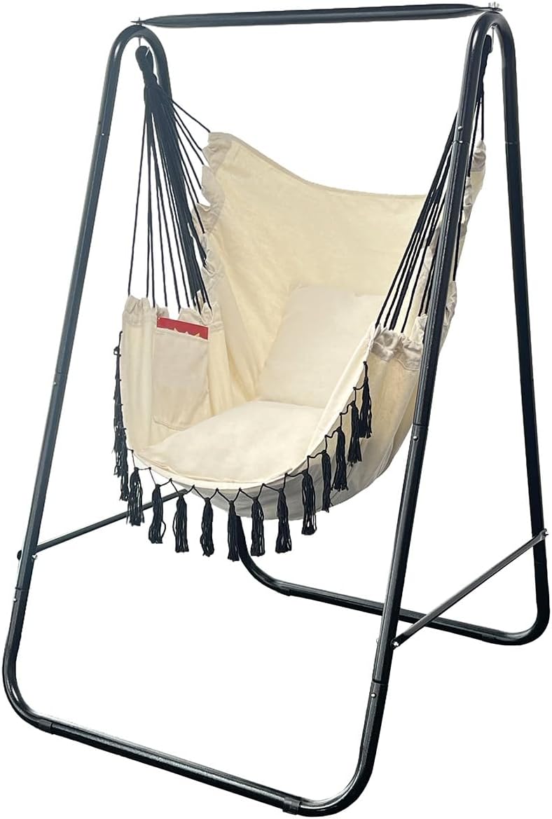 Hammock Chair with Stand,Heavy-Duty Hammock Stand with Large Indoor Swing,MAX Load 500 LBS,Hanging Chair with Stand for Indoor Outdoor,Swing Chair with 2 Cushions Included(Beige)