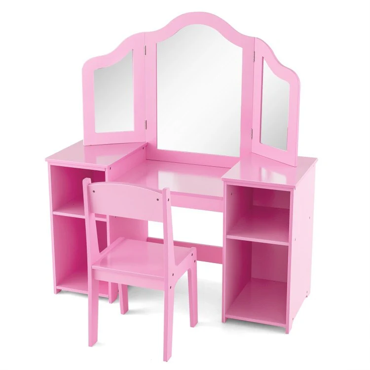 Kids Vanity Table and Chair Set with Removable Tri-Folding Mirror - 41 x 16 x 46