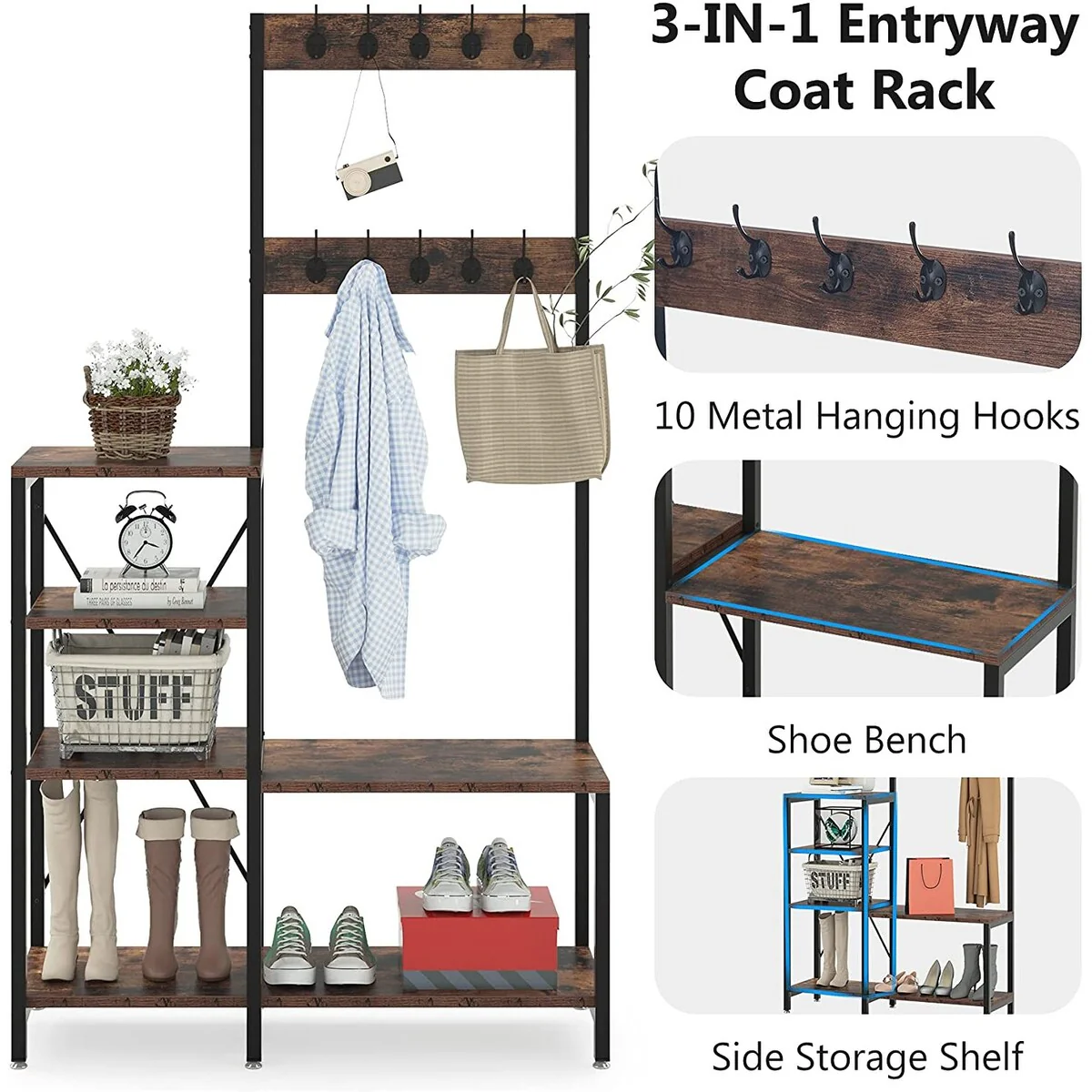 Entryway Bench with Coat Rack, Industrial 3-In 1 Hall Tree with Shoe Bench 10 Hanging Hooks - 39.37”L * 13.78”W * 70.87”H