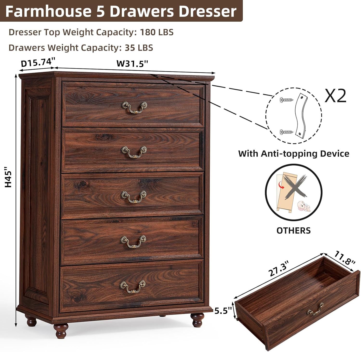 Farmhouse 5 Drawer Dresser for Bedroom, 45 Tall Rustic Chests of Drawers w/ 4 Solid Wood Feet, Mid Century Modern Wooden Closet Storage Dressers Organizer for Living Room, Hallway, Brown