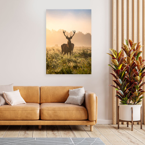 Obraz do salonu sypialni biura, Pejzaż Jeleń na rykowisku o poranku 20x30