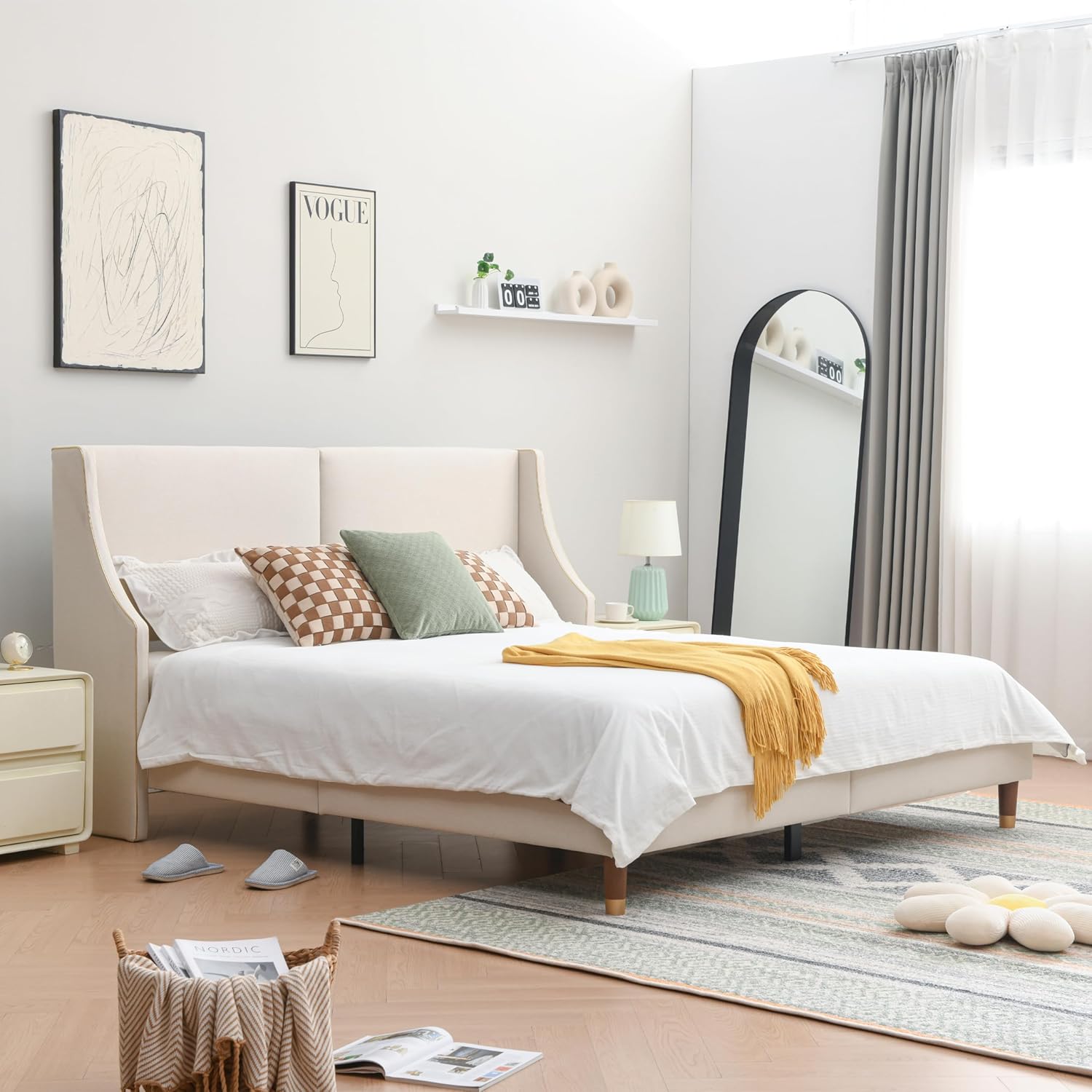 King Size Upholstered Platform Bed Frame with Wingback Headboard, Linen Fabric & Wooden Slats Support, Modern Golden PVC Material Edge for Bedroom,No Box Spring Needed, Easy to Assemble, Beige