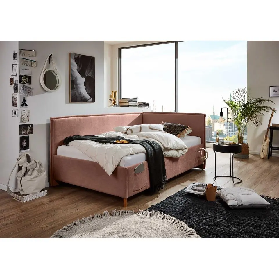 Eenpersoonsbed Ollie - Met rugleuning - 120 x 200 cm - Rozekleurig design