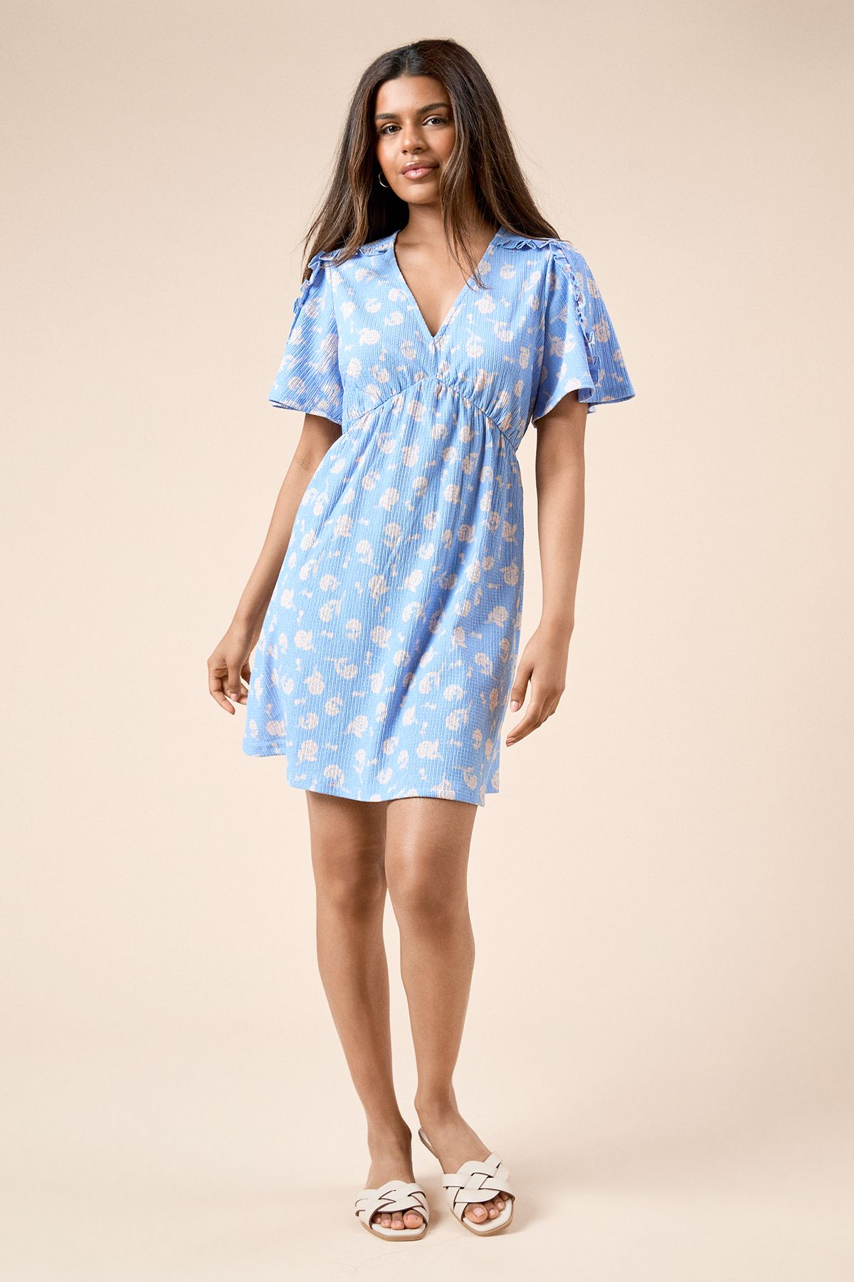 Dorothy Perkins Petite Blue Ditsy Frill Detail Angel Sleeve Mini Dress