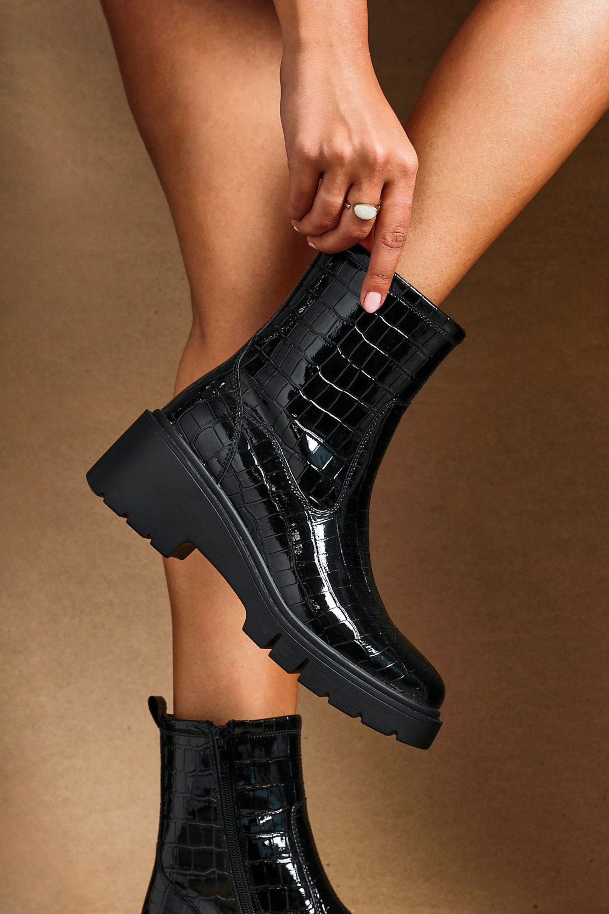Linzi Limited Black Faux Croc Leather Ankle Boot