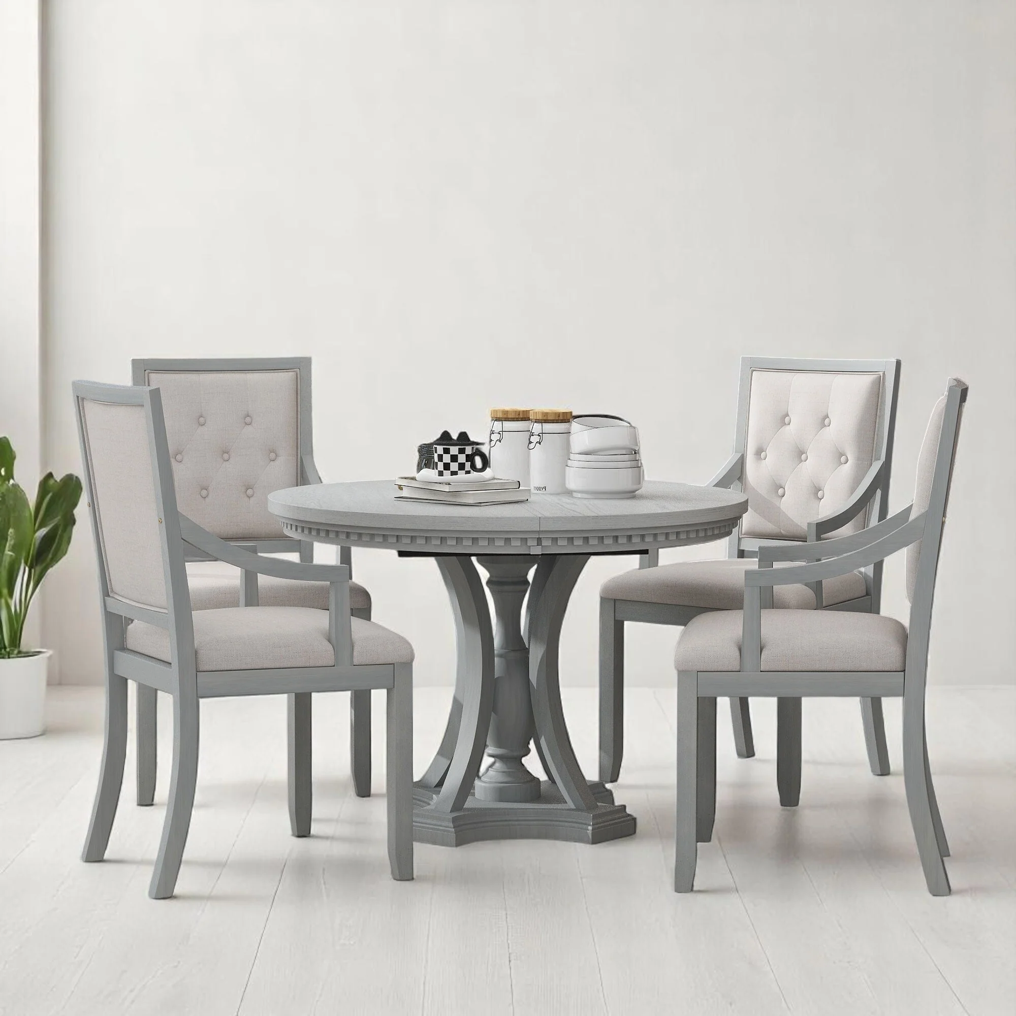 Retro 5-Piece Dining Set with Extendable Round Table, 4 Upholstered Chairs, Farmhouse Style for Kitchen or Dining Room