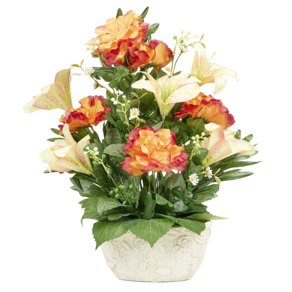 Composition florale jardinière pivoine lys et mini fleurs avec ciment 42xH52cm (3 modèles)