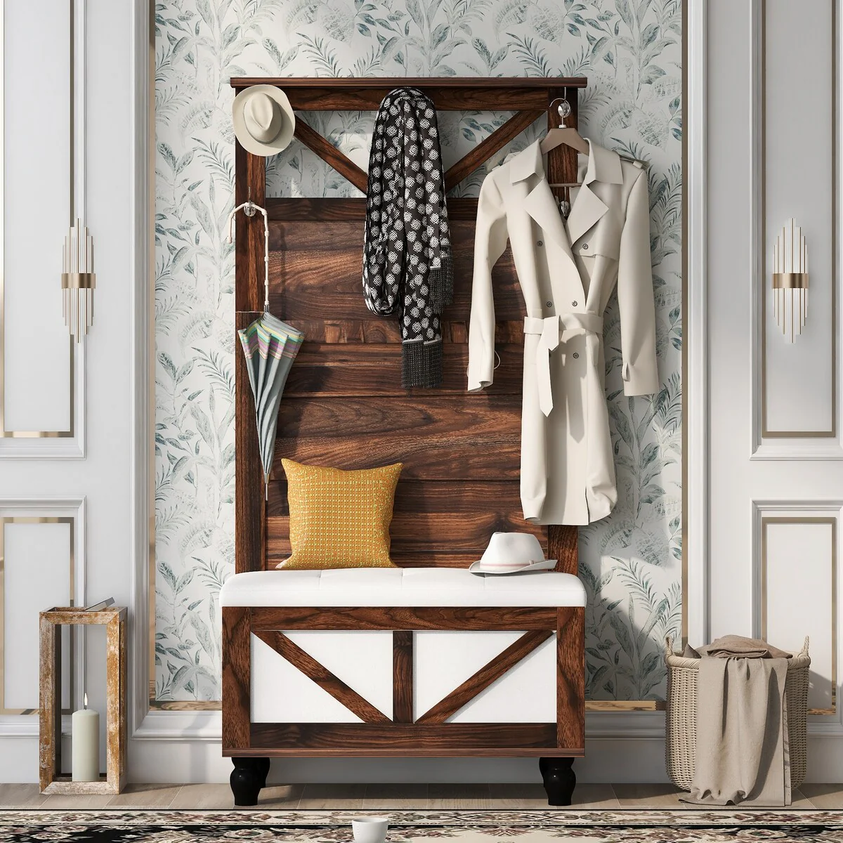 31.5 inch 3-In-1 Design Rectangle Coat Racks Hall Tree Padded Storage Bench with 5 Metal Hooks & Separatable Cushioned Seat