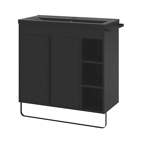 Meuble vasque faible profondeur noir avec porte-serviettes l.85 x H.82 x P.36 cm Maza   plan vasque noir céramique Nira, GoodHome