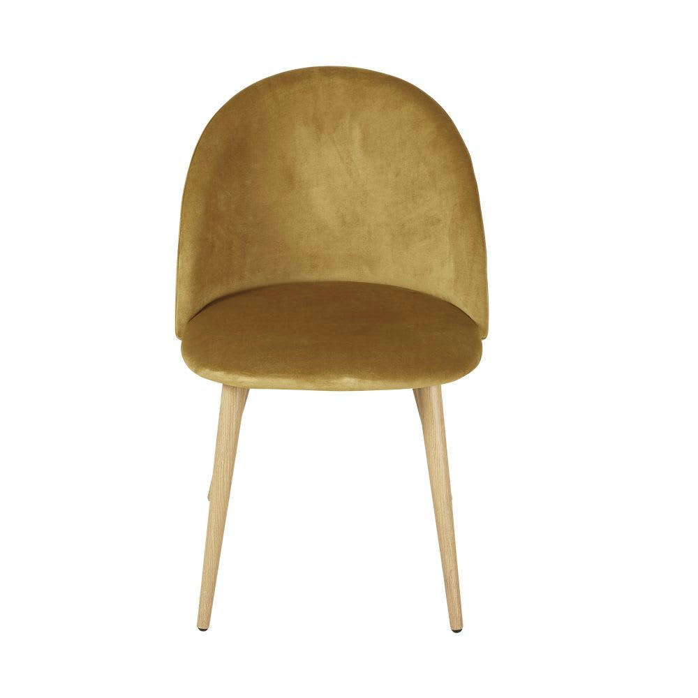Mauricette BUSINESS - Chaises professionnelles vintage en velours recyclé ocre et métal imitation chêne (x2)