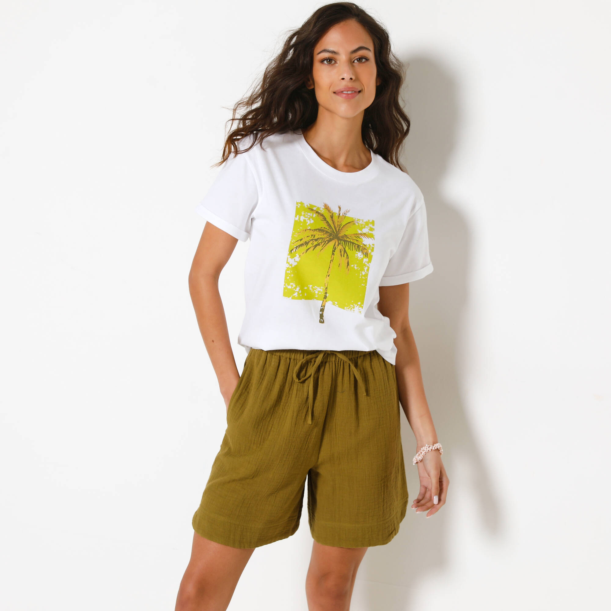 T-shirt col rond imprimé palmier, volume loose