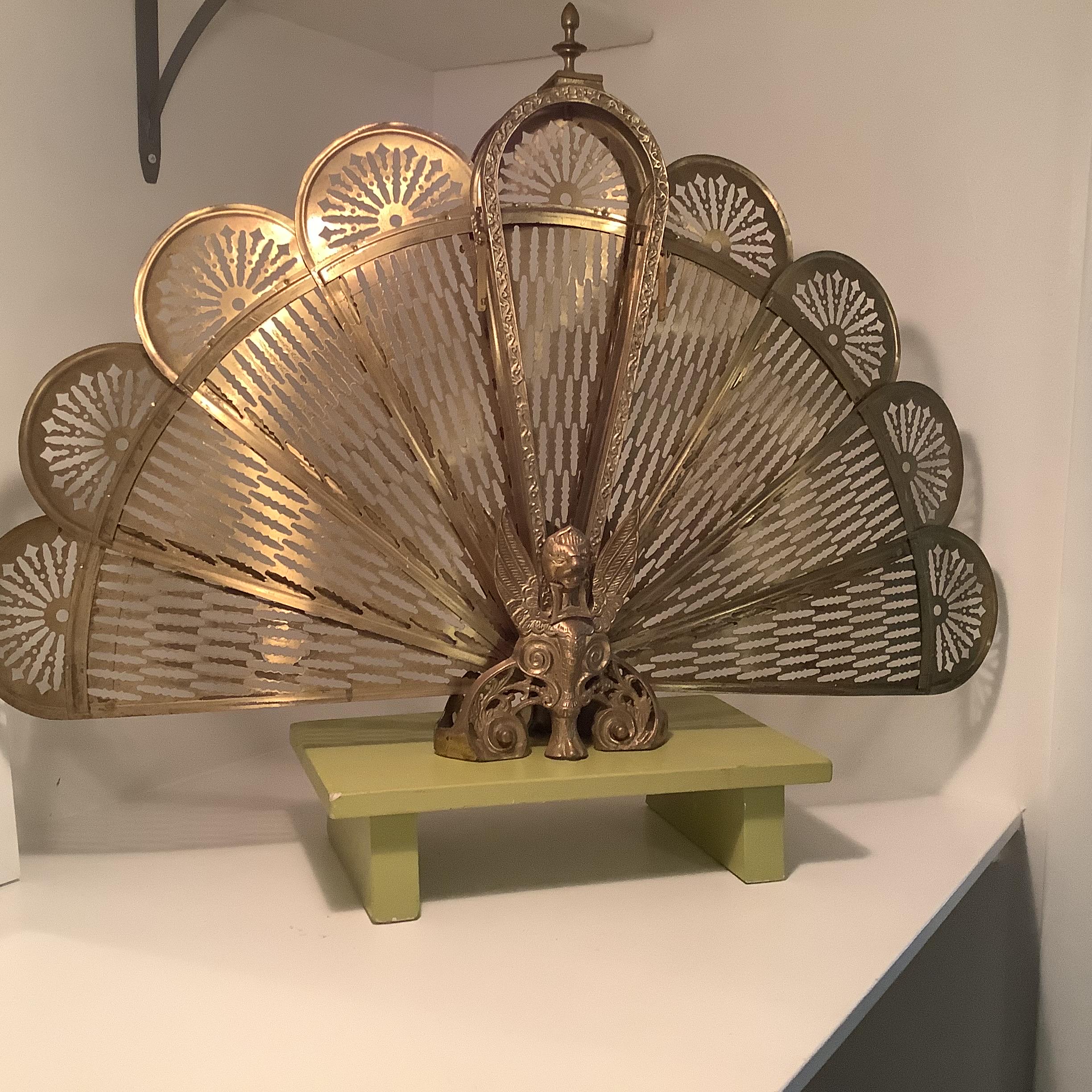Vintage MCM midcentury Brass Folding Fireplace Fan Screen with Gargoyle