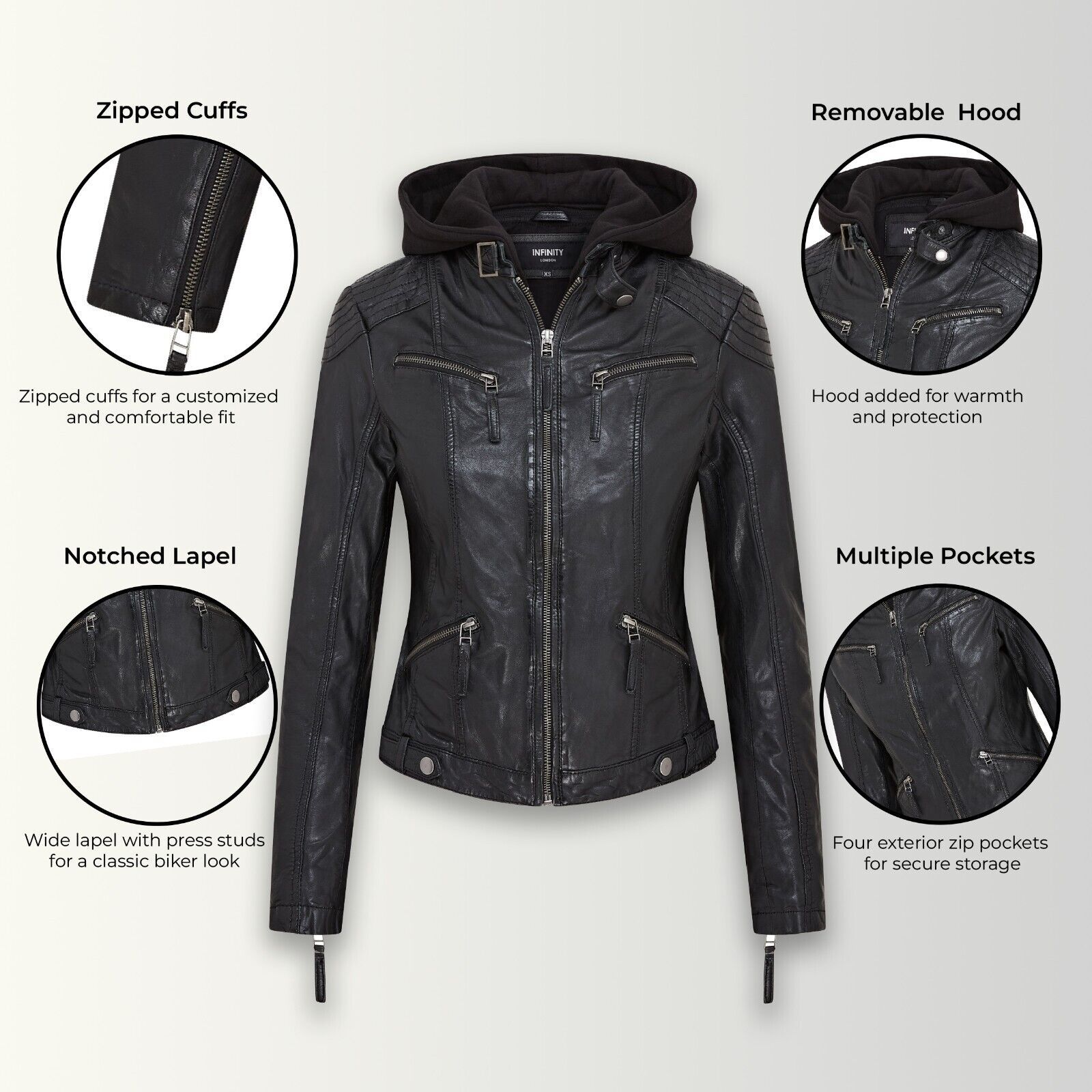 Infinity Leather Hooded Classic Biker Jacket - Brazzaville