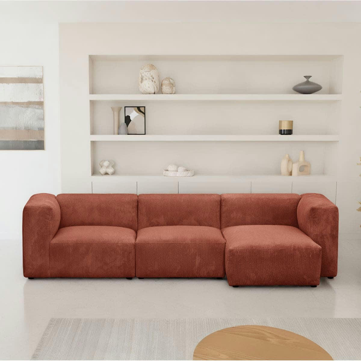 MODULO NEW - Canapé modulable angle droit 4 places en velours côtelé rouille