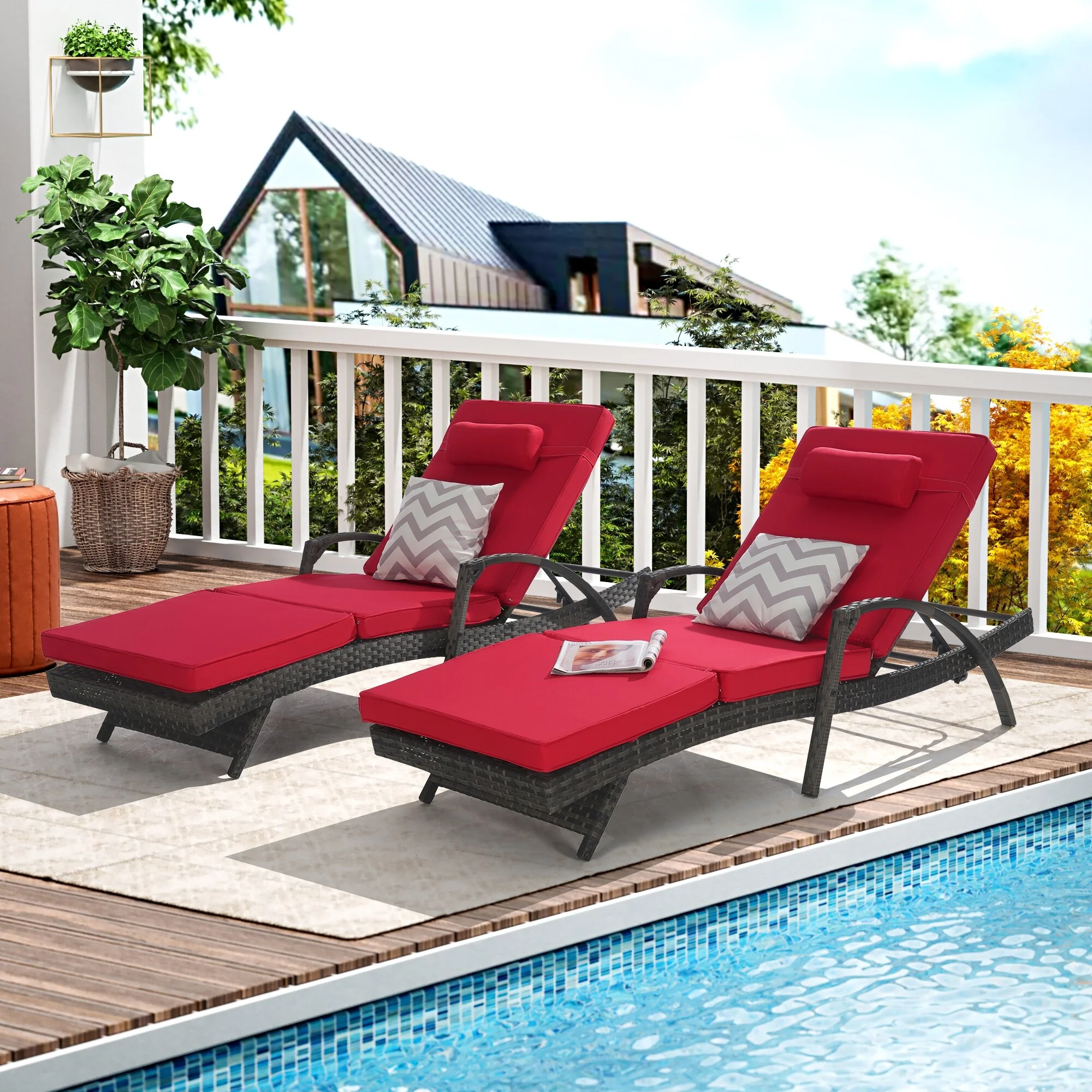 Outdoor Wicker Long Reclining Chair Set of 2, Wicker Reclining Lounge Chair Lawn Sunbathing Chairs for Beach Poolside Garden